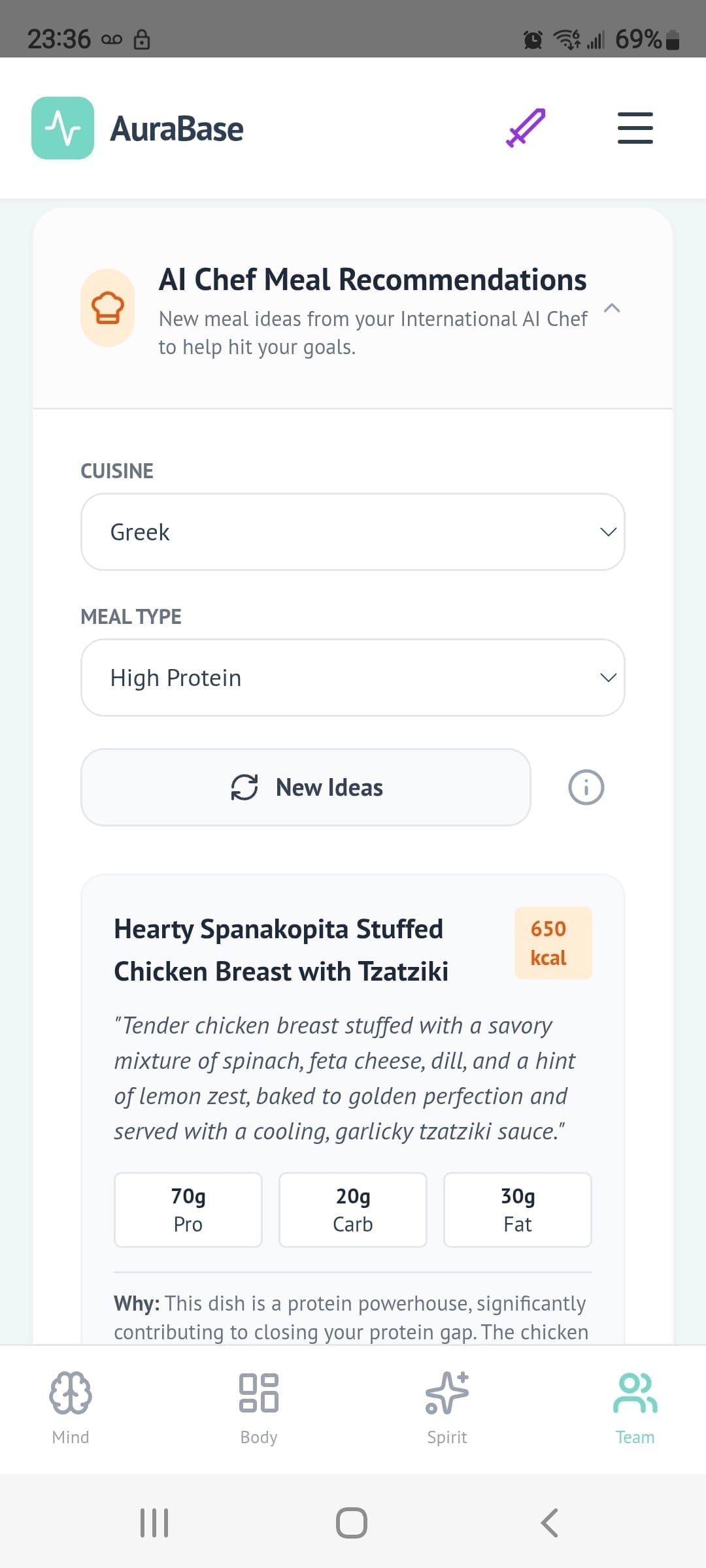 AuraBase International AI Chef Greek meal recommendation