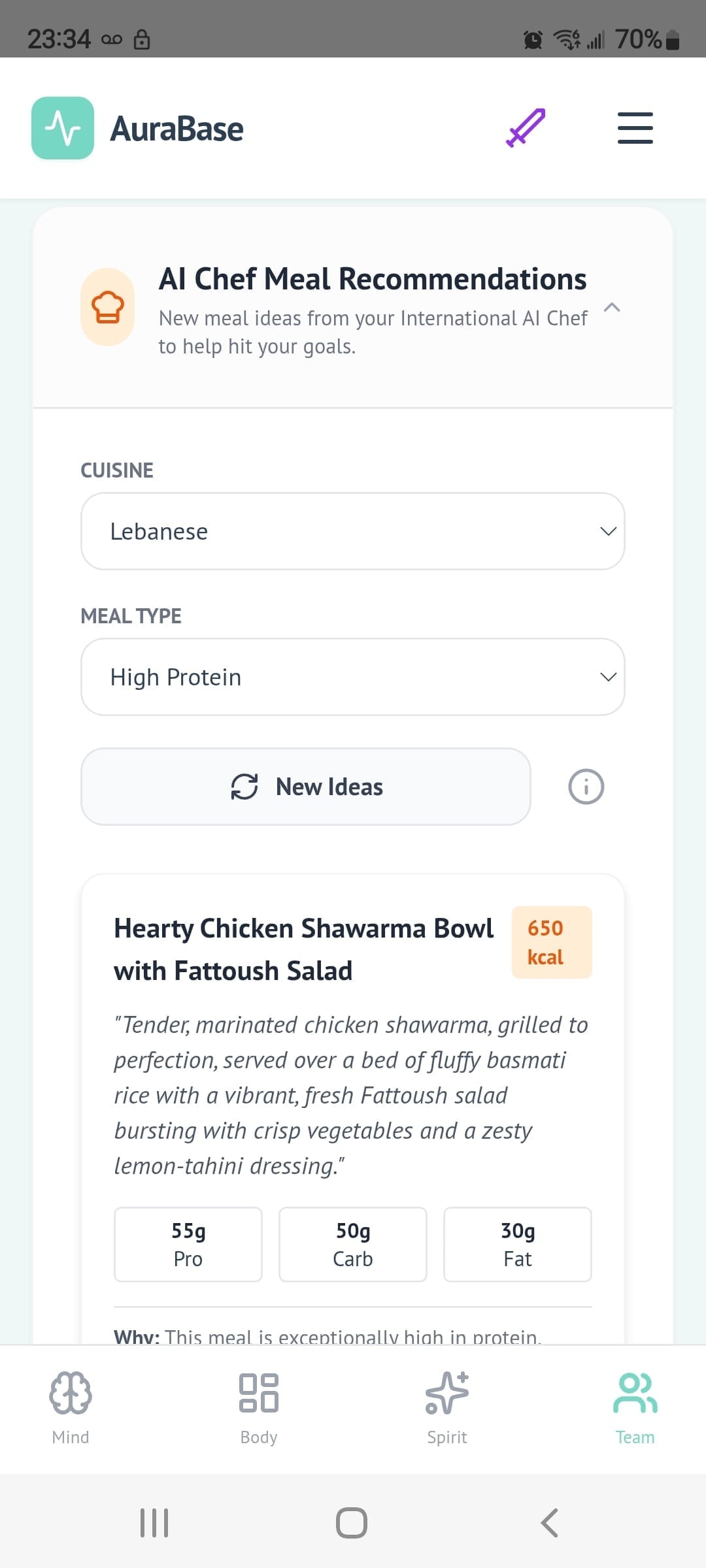 AuraBase International AI Chef Lebanese meal recommendation