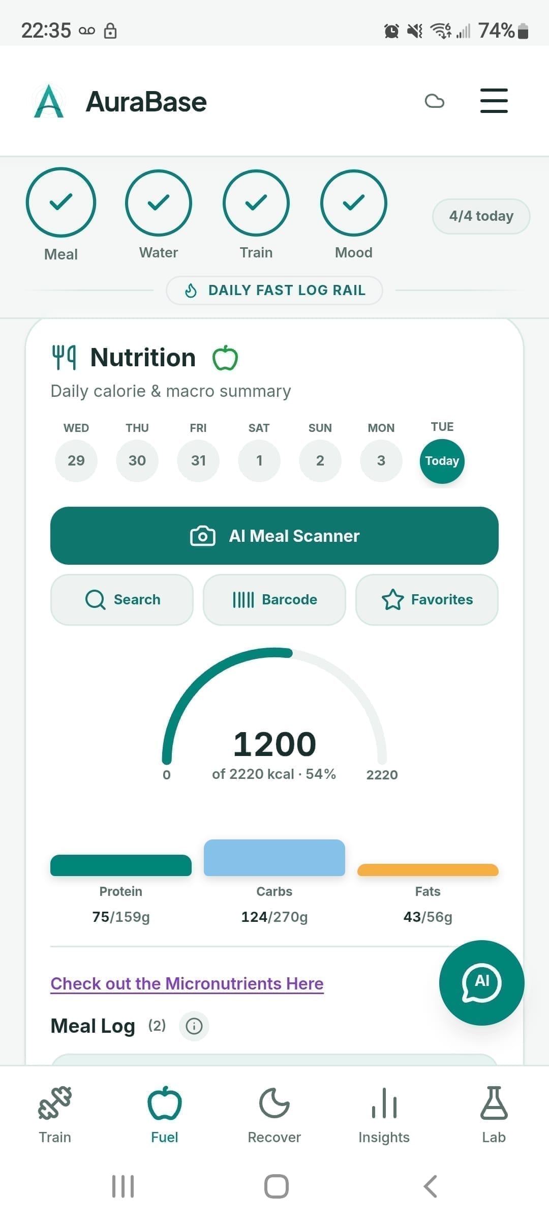 AuraBase nutrition dashboard with calorie gauge, macros, and AI Meal Scanner