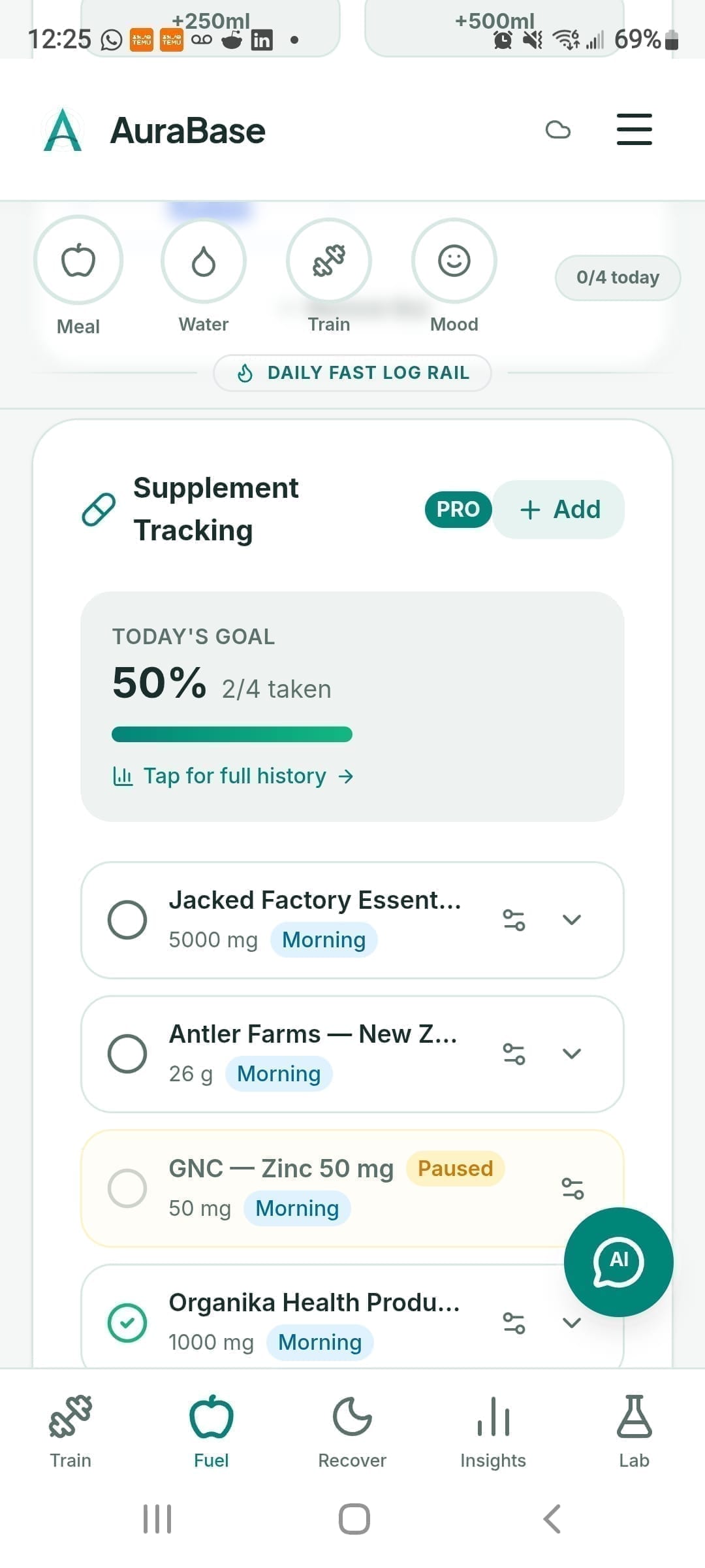 AuraBase supplement tracking with daily goal and morning stack