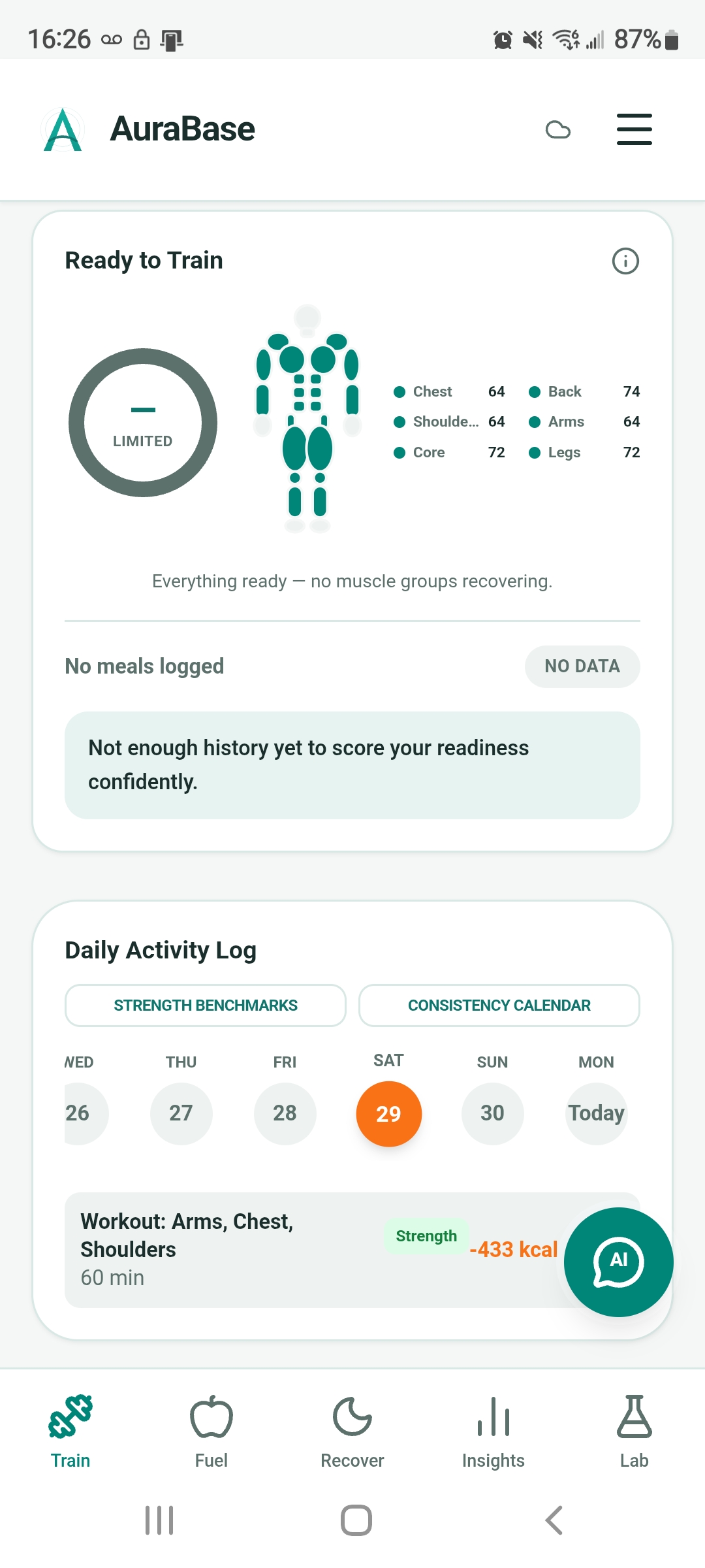 AuraBase Ready to Train body-part recovery view