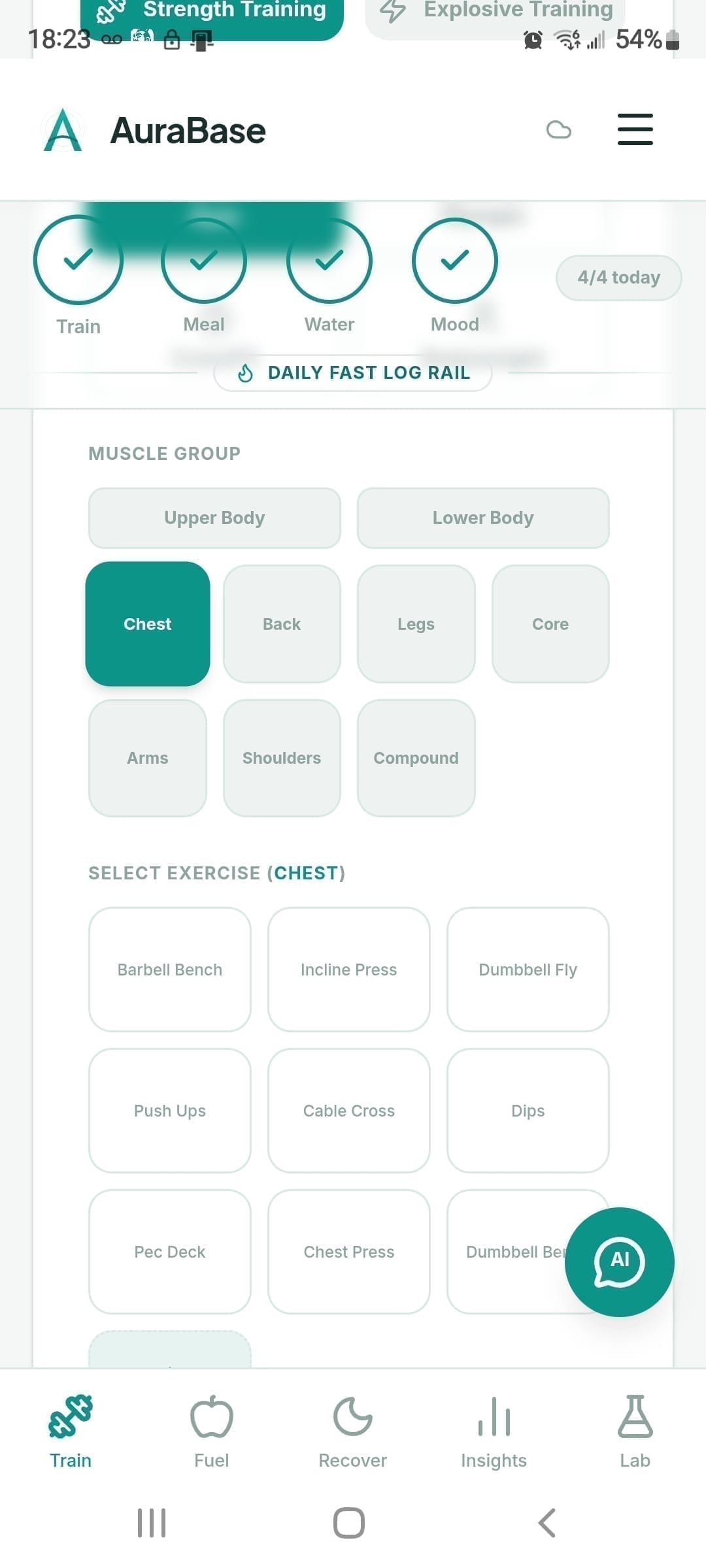 AuraForge strength training exercise logger interface